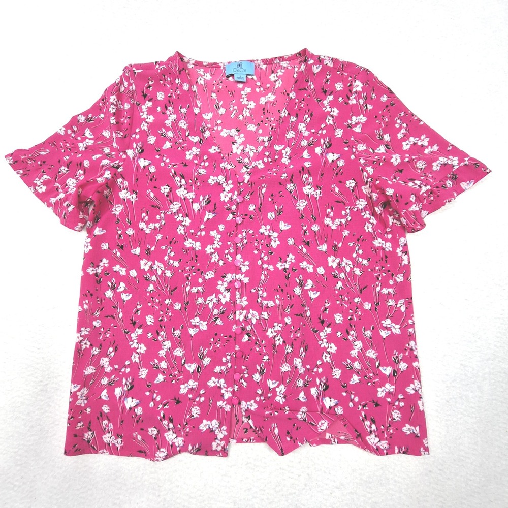 CeCe Blouse Womens Small Pink Floral Flutter Sleeve Button Front V-Neck Top